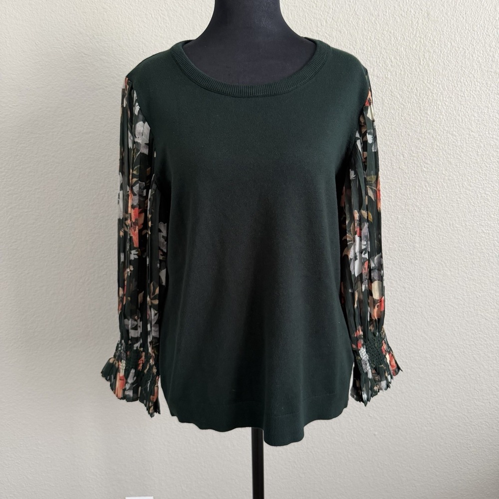 Medium Women's Boho Floral Sheer Puff Sleeve Top Romantic Pleated Blouse